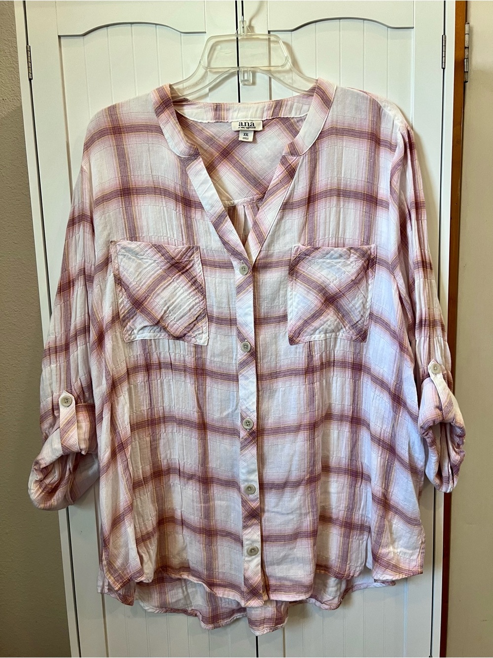 a.n.a Pink and White Plaid Button-Front Womens Shirt